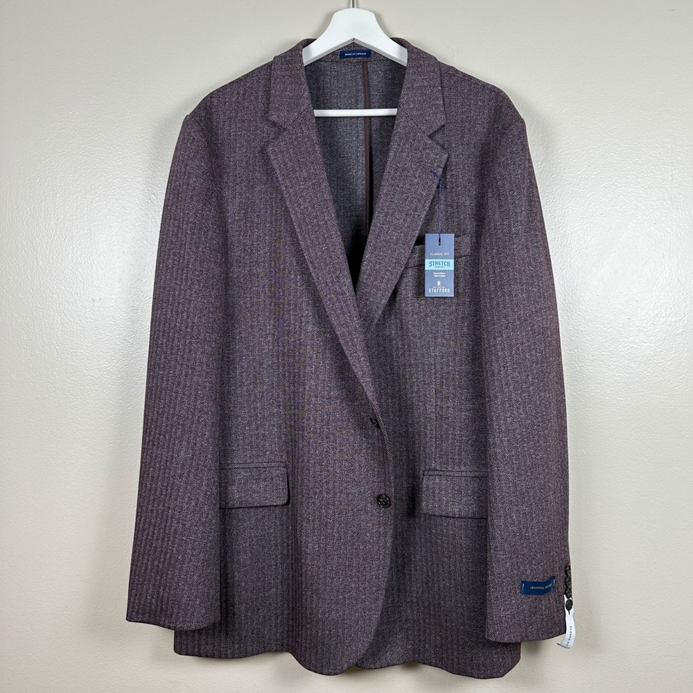 Stafford Mens 48R Blazer Burgundy Herringbone Stretch Classic Fit Sport Coat NEW